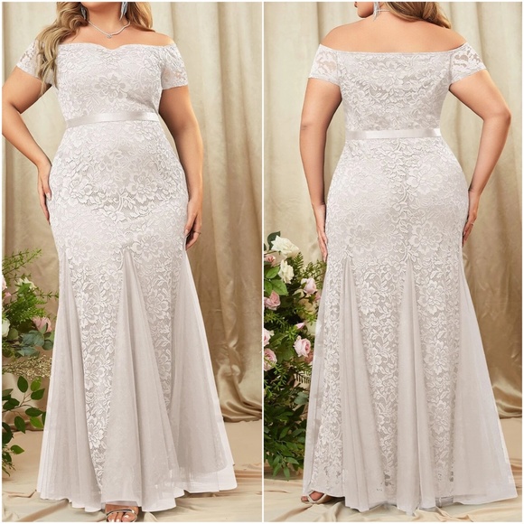 Plus Floral Lace Off Shoulder Formal Evening Wedding Maxi Dress - Picture 4 of 10